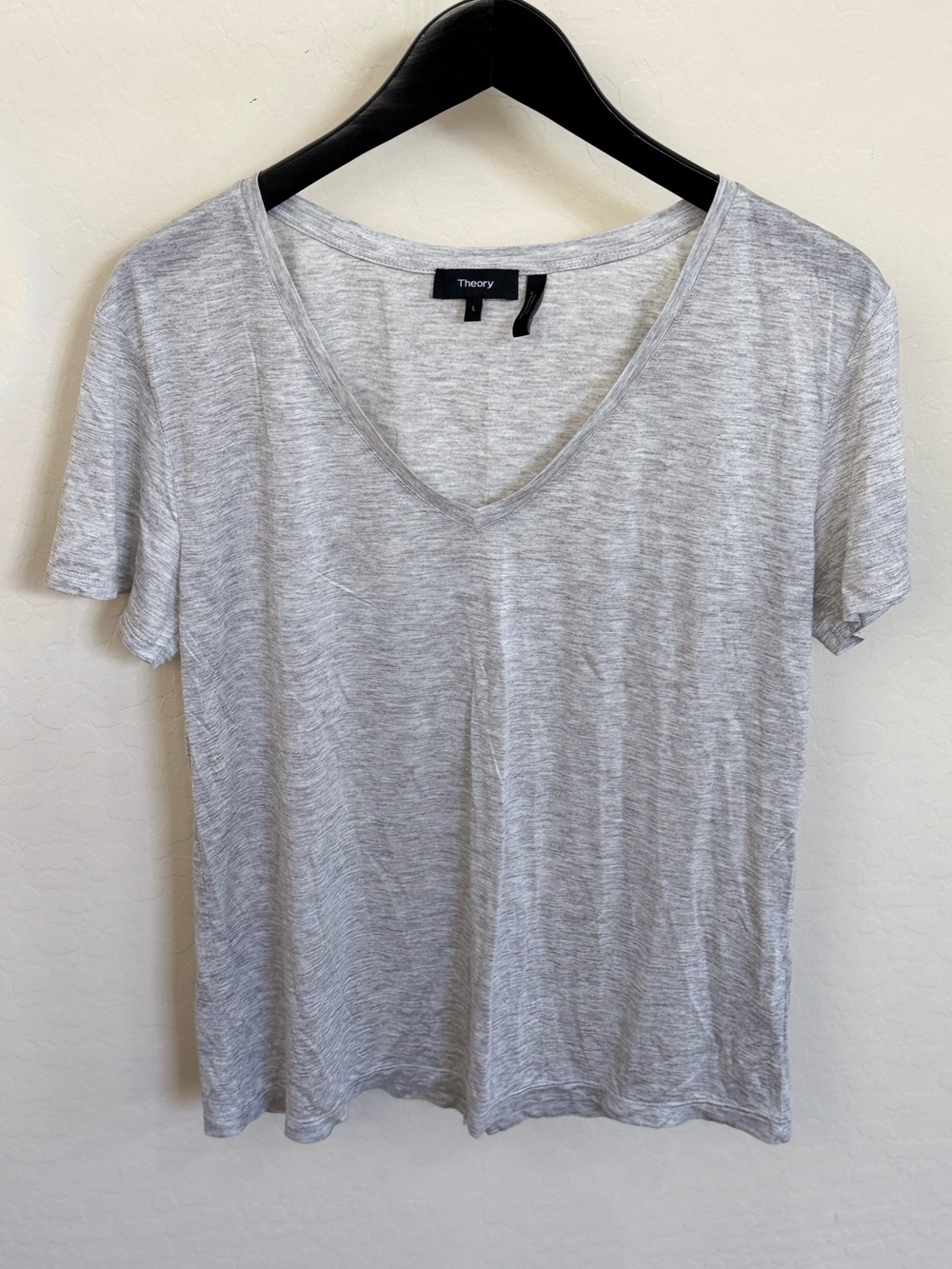 Theory Heather Gray Slub Knit V-Neck Short Sleeve Tee Large Basic Minimalist EUC